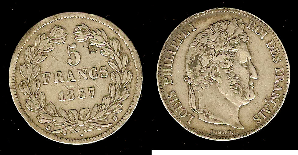 5 francs IIe type Domard 1837 Lyon TTB+